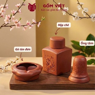Bộ phụ kiện tử sa đất nung 3 món hoạ tiết khắc chìm màu đen, đỏ - Gốm sứ Bát Tràng - Gốm Việt