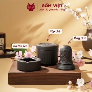 Bộ phụ kiện tử sa đất nung 3 món hoạ tiết khắc chìm màu đen, đỏ - Gốm sứ Bát Tràng - Gốm Việt
