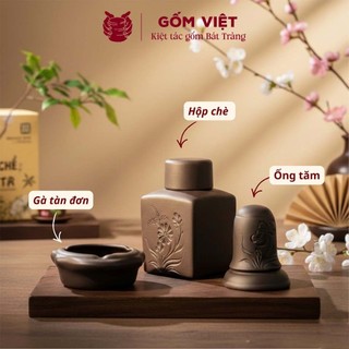 Bộ phụ kiện tử sa đất nung 3 món hoạ tiết khắc chìm màu đen, đỏ - Gốm sứ Bát Tràng - Gốm Việt