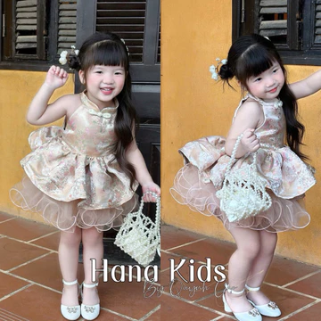Váy Đầm Cổ Yếm Gấm Phối Chân Váy Tutu Xoè Bồng Cho Bé Gái-Váy Gấm Tết/Váy Trung Thu/Đi Tiệc Cho Bé