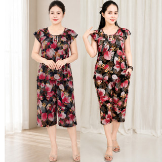 Đồ bộ trung niên chất vải tole nhung cao cấp thoáng mát Ms95, Sét đồ kiểu cho các mẹ,quần lửng suông, áo cổ kiểu,