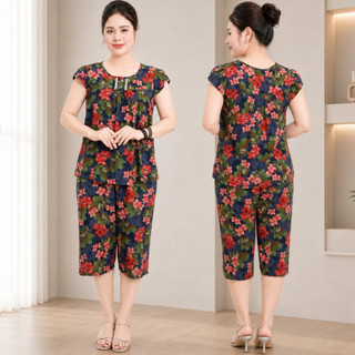 Đồ bộ trung niên chất vải tole nhung cao cấp thoáng mát Ms95, Sét đồ kiểu cho các mẹ,quần lửng suông, áo cổ kiểu,