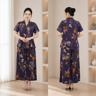 Set đồ bộ trung niên cách điệu chất vải lụa Hàn Ms30 – Áo có cổ sang trọng, quần ống rộng giả váy mềm mát