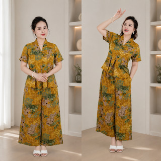 Set đồ bộ trung niên cách điệu chất vải lụa Hàn Ms30 – Áo có cổ sang trọng, quần ống rộng giả váy mềm mát