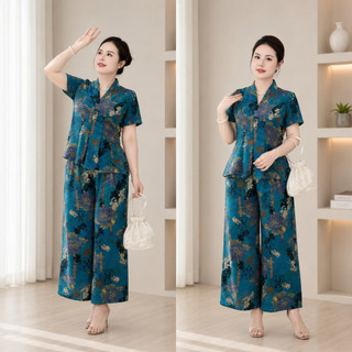 Set đồ bộ trung niên cách điệu chất vải lụa Hàn Ms30 – Áo có cổ sang trọng, quần ống rộng giả váy mềm mát