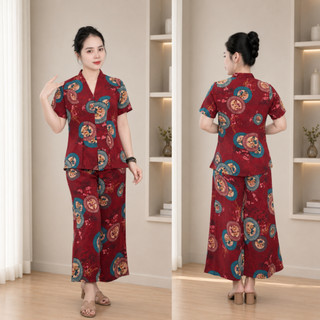 Set đồ bộ trung niên cách điệu chất vải lụa Hàn Ms30 – Áo có cổ sang trọng, quần ống rộng giả váy mềm mát