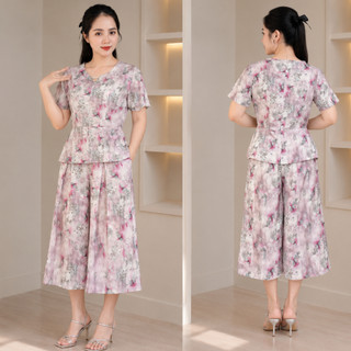 Sét đồ bộ trung niên chất vải lụa cao cấp mã 141 - quần ống rộng giả váy thanh lịch sang trọng tôn dáng