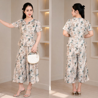 Sét đồ bộ trung niên chất vải lụa cao cấp mã 141 - quần ống rộng giả váy thanh lịch sang trọng tôn dáng