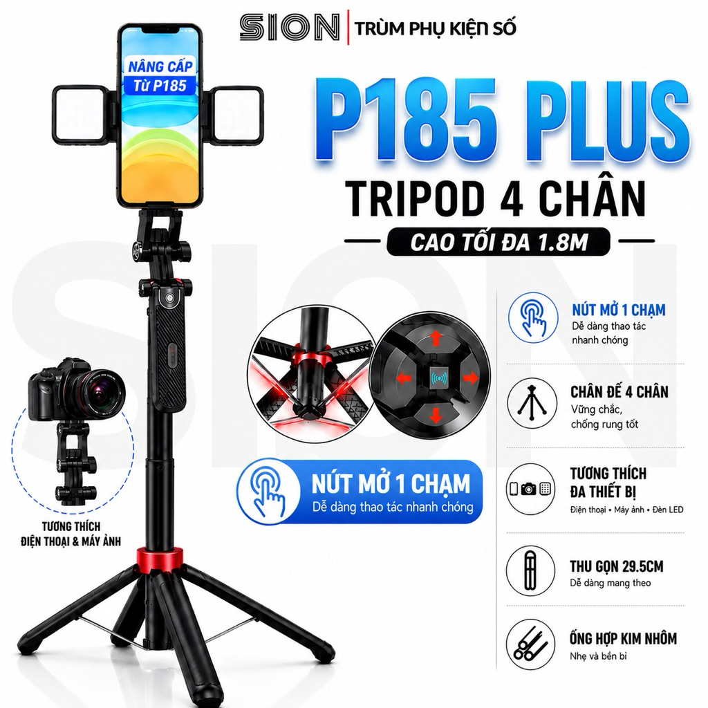 Gậy Chụp Ảnh 4 Chân P185 P185Plus Gậy Chụp Hình  Cầm Tay Tặng Kèm Remote có Chiều Dài Sử Dụng 30-180cm
