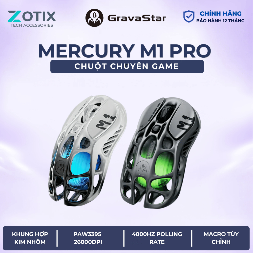 Chuột không dây Gaming GravaStar Mercury M1 Pro 26000 DPI 4K Polling Rate Pin 200 Giờ TURBOSPEED - Bảo hành 12 tháng