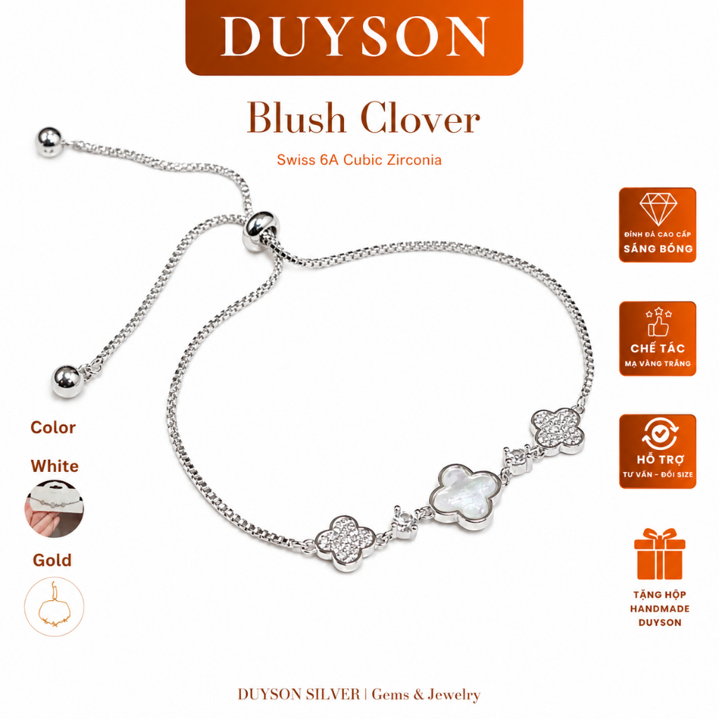 Vòng tay nữ Duyson Silver cỏ 4 lá khảm xà cừ, lắc tay nữ dây rút mạ vàng trắng, vàng 18k MLTG3