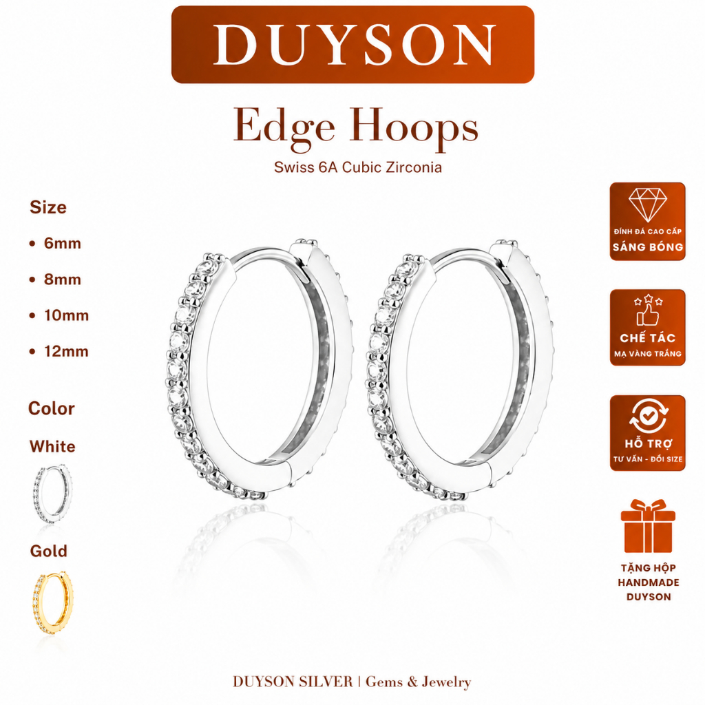 Khuyên tai nam nữ Duyson Silver vòng tròn đính đá CZ 6A mạ vàng trắng, vàng 18k cao cấp MKVB1