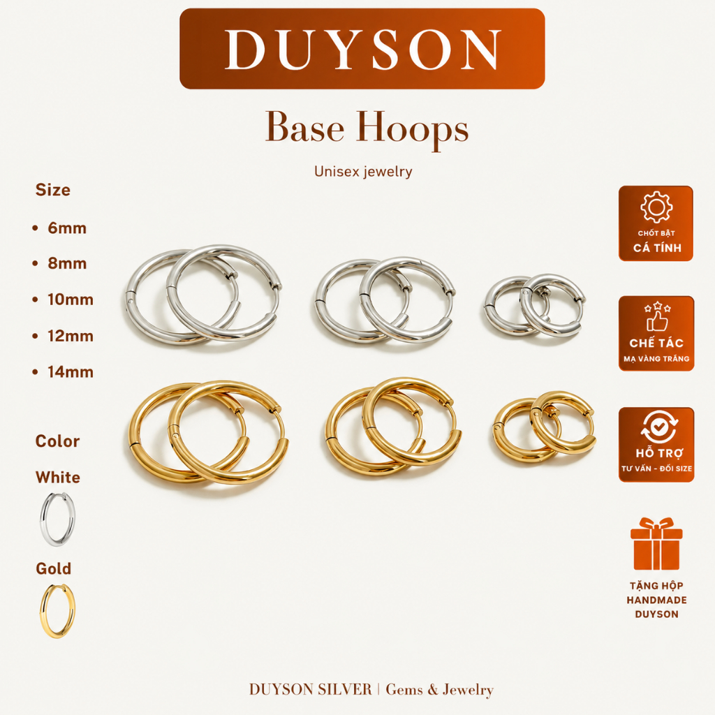Khuyên tai nam nữ Duyson Silver vòng tròn trơn mạ vàng trắng, vàng 18k nhiều kích cỡ MKVB2