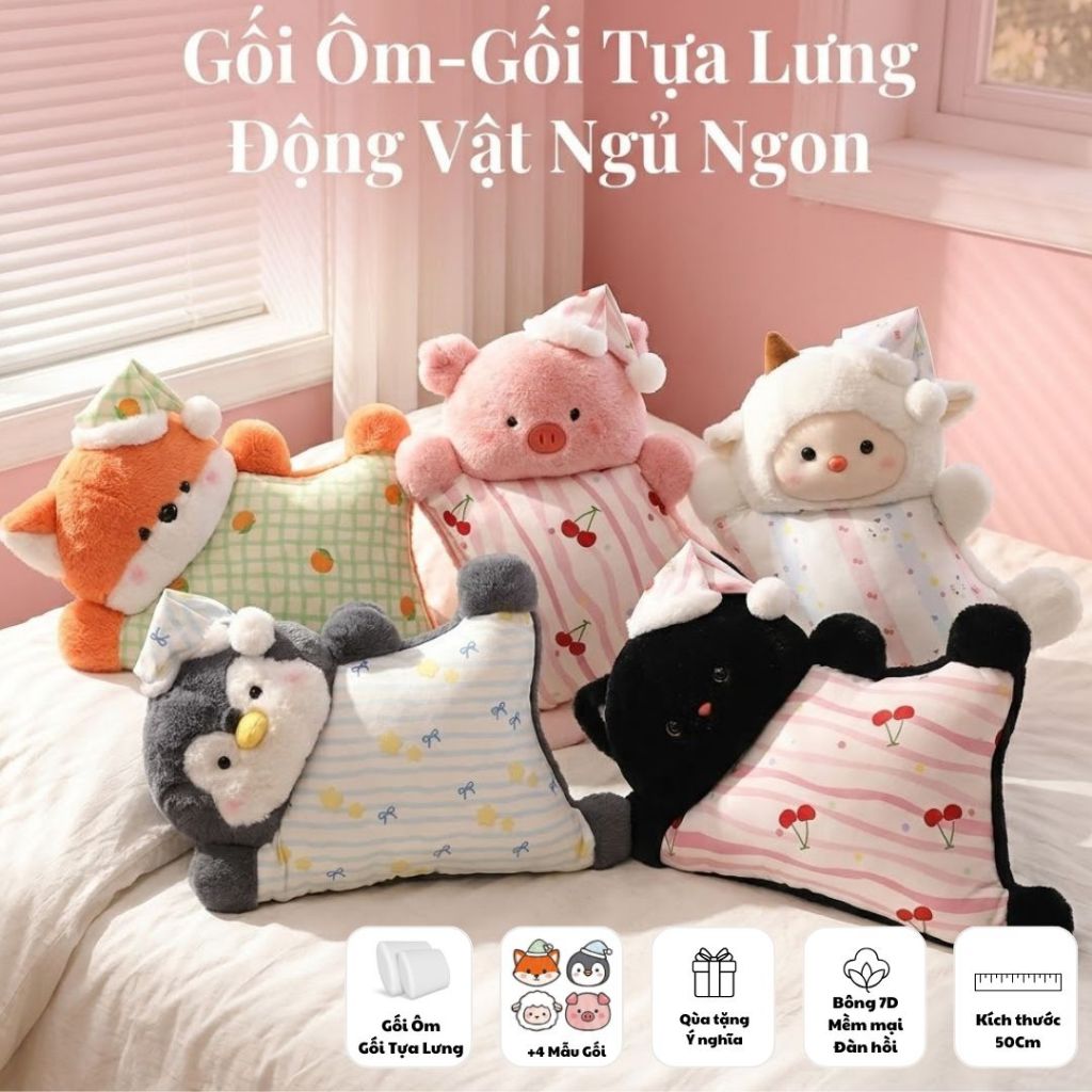 Gấu Bông Gối Ôm Hình Heo/Mèo/Cừu/Cánh Cụt Ngủ Ngon Mềm Mại, Gối Tựa/Đệm Lưng Văn Phòng, Xe Ôtô Chất Đàn Hồi Thư Giãn