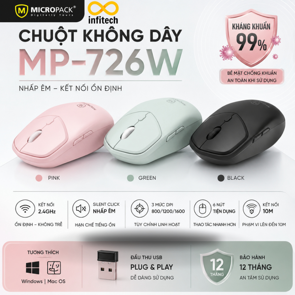 Chuột Không Dây Micropack MP-726W 2.4GHz Silent DPI 1600 Kháng Khuẩn Cho Laptop PC Mac - Chính Hãng - ảnh 5