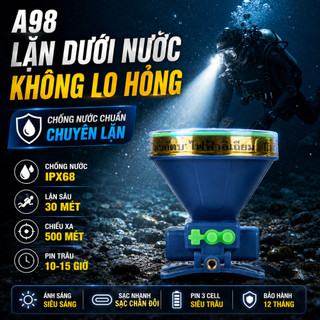 BẢO HÀNH 12 THÁNG - Đèn Pin Đội Đầu Thái Lan A98 Siêu Sáng 500W Chiếu Xa 600m 3 PIN 10-15H Chống Nước IPX68 Chuyên lặn