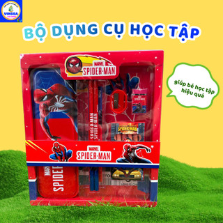Bộ Dụng Cụ Học Tập Cho Bé Mẫu Siêu Nhân Nhện Spider Man Đầy Đủ Hộp Bút, Bút Chì, Thước, Tẩy, Máy Chuốt, Sáp Màu...