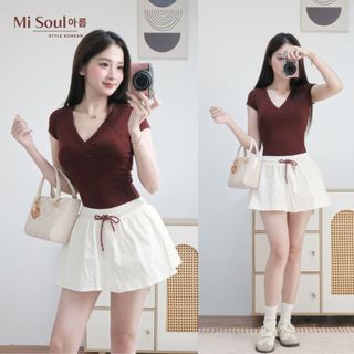 Áo Thun Cotton Bigsize Ôm Body Cổ Tim, Áo Nhún Ngực Cổ Chéo Co Giãn Basic Thoáng Mát MiSoul 582