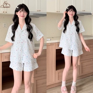 Bộ Đồ Ngủ Pyjama BY CHANN (SP38) họa tiết  áo cộc quần cộc chất liệu đũi mềm có bigsize đến 80kg