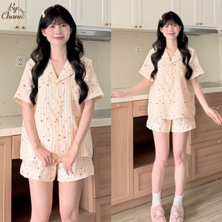 Bộ Đồ Ngủ Pyjama BY CHANN (SP38) họa tiết  áo cộc quần cộc chất liệu đũi mềm có bigsize đến 80kg