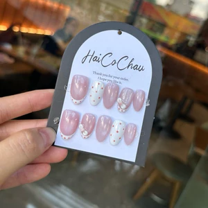 Móng giả tự dán, Nail box hàn quốc tự thiết kế hồng mắt mèo lấp lánh chấm bi nơ cute-LEUBOX