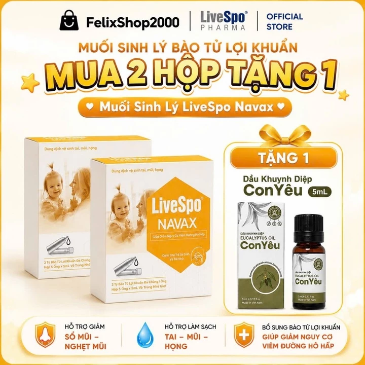 Nước Muối Sinh Lý Chứa Lợi Khuẩn Nhỏ Mũi, Tai Cho Trẻ Sơ Sinh LiveSpo Navax – Giảm Nghẹt Mũi, Vệ Sinh Tai.