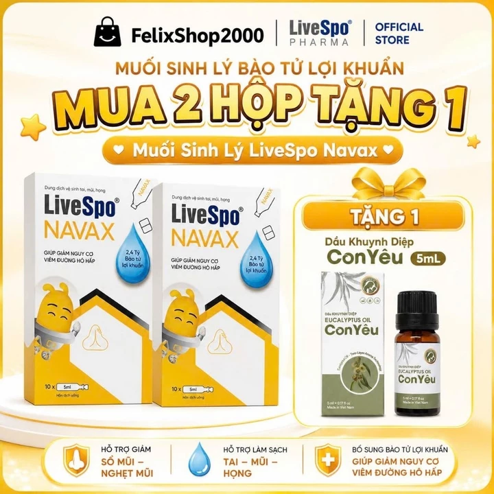 Nước Muối Sinh Lý Chứa Lợi Khuẩn Nhỏ Mũi, Tai Cho Trẻ Sơ Sinh LiveSpo Navax Hộp 10 Ống – Giảm Nghẹt Mũi, Vệ Sinh Tai.