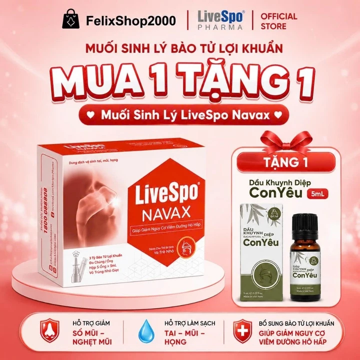 Nước Muối Sinh Lý Chứa Lợi Khuẩn Nhỏ Tai, Mũi Cho Trẻ Sơ Sinh LiveSpo Navax Đỏ Hộp 10 Ống – Giảm Nghẹt Mũi, Vệ Sinh Tai.