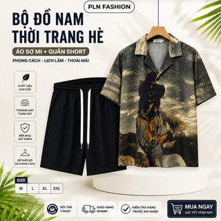 bộ đồ cộ tay nam mặc đi biển họa tiết cực đẹp, bộ đồ hè nam chất liệu lụa cao cấp mát pln fashion N96