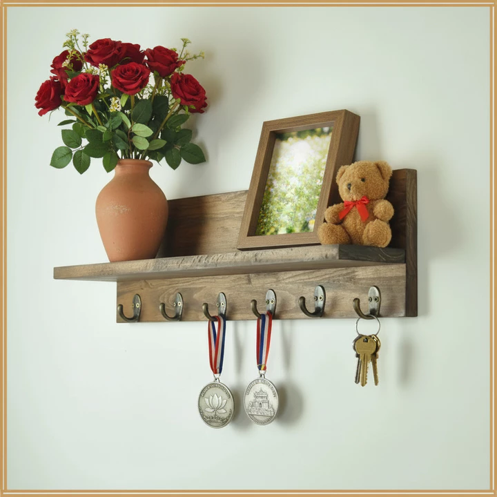 Kệ gỗ chữ T gắn tường decor phòng ngủ, decor phòng khách, có móc treo quần áo và đồ lưu niệm, màu nâu cổ điển - GOGO Gỗ