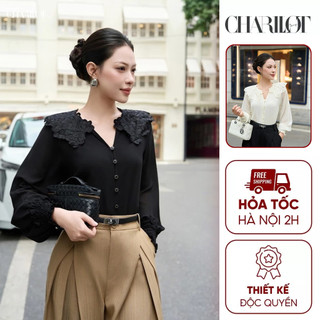 Áo Sơ Mi Nữ Cổ Ren Tay Nhún Bèo Lụa Tằm Cát Thiết Kế Charllot Áo Công Sở Không Nhăn Sang Trọng