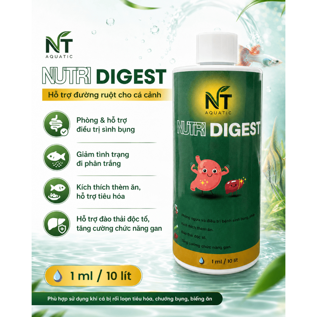 Ngừa Sình Bụng, Phân Trắng, Giải Độc Gan Cho Cá Cảnh Nutri Digest NT AQUATIC 300ml - Xử Lý Các Bệnh Đường Tiêu Hóa