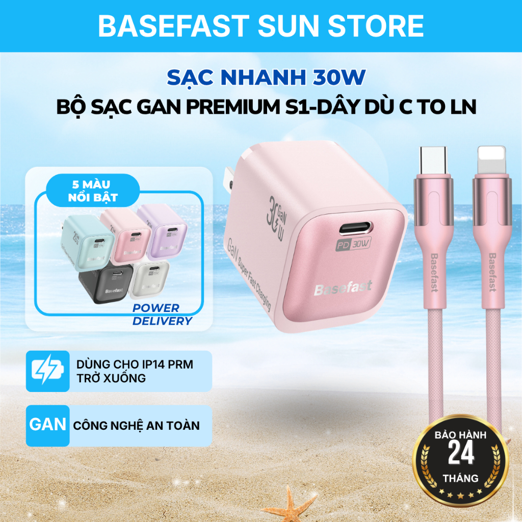 Bộ Sạc Nhanh 30W Basefast GaN3 Cho X/11/12/13/14 Series (Củ Sạc Mini Kèm Cáp Dù Type C to LN)