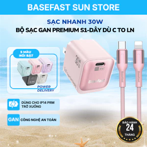 Bộ Sạc Nhanh 30W Basefast GaN3 Cho X/11/12/13/14 Series (Củ Sạc Mini Kèm Cáp Dù Type C to LN)
