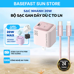 Bộ Sạc Nhanh 20W Basefast Type C -LN Cho 8-14PRM, Củ GaN3 1 Cổng Kèm Dây Cáp Dù 1M