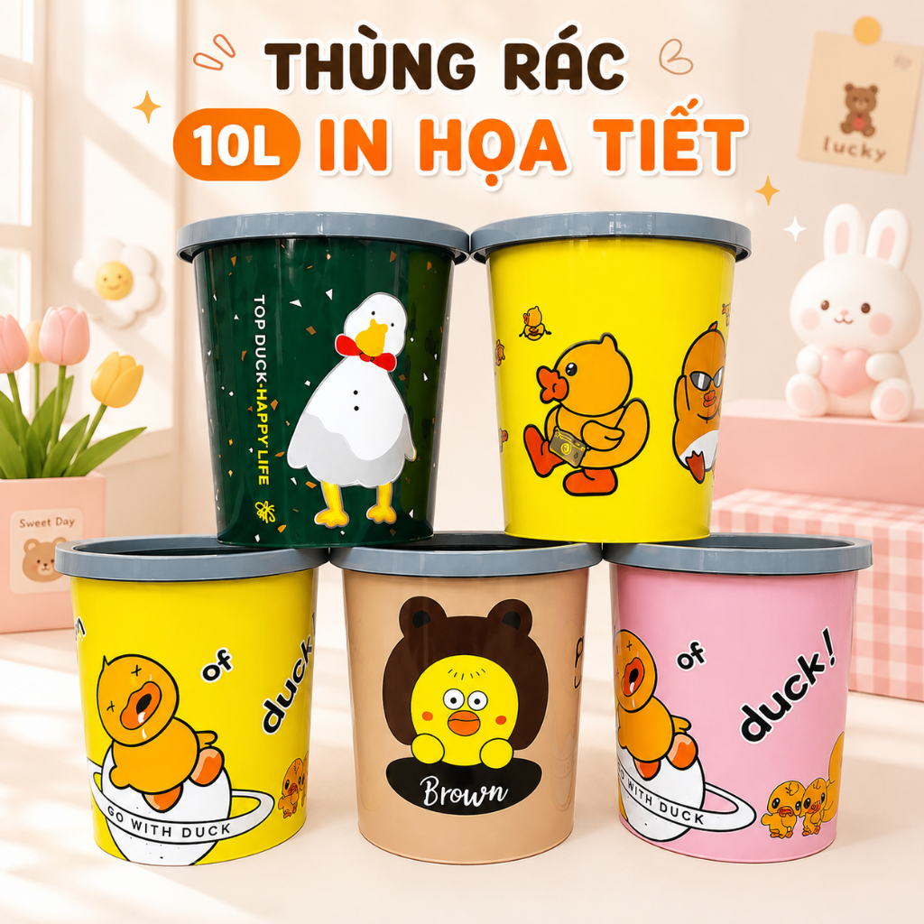 Thùng Đựng Rác Nhựa Hoạt Hình 10L - Sọt Rác Xinh Decor 28x28cm