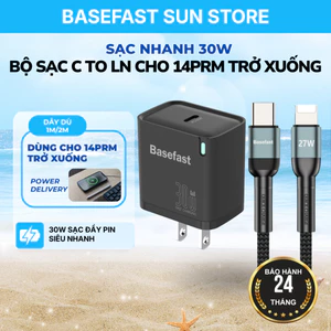 Bộ Sạc Nhanh 30W Basefast Cáp C to LN Cho 14PRM trở xuống 1 Cổng GaN Kèm Cáp Bọc Dù Siêu Bền