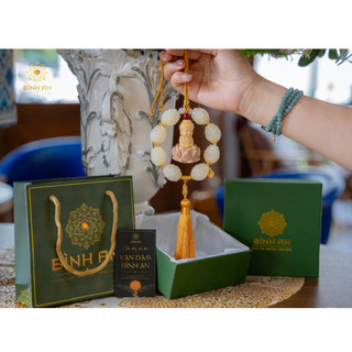 [BST An Hành 2] Khánh Treo Ô Tô Bạch Ngọc Khắc Hoa Sen Tượng Phật Bản Mệnh - Dây Treo Xe Hơi Chuỗi Hạt Bồ Đề Bình An