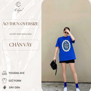 Bộ Thun Nữ Chepol Cao Cấp Form Rộng, In Họa Tiết, Cổ Tròn, Phối Chân Váy Ngắn, Chất Cotton(Áo Xanh Bích+CV Đen )CP_x4972