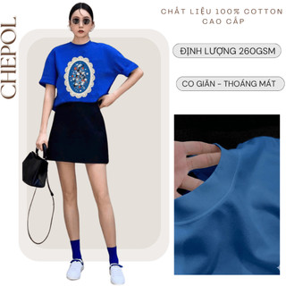 Bộ Thun Nữ Chepol Cao Cấp Form Rộng, In Họa Tiết, Cổ Tròn, Phối Chân Váy Ngắn, Chất Cotton(Áo Xanh Bích+CV Đen )CP_x4972