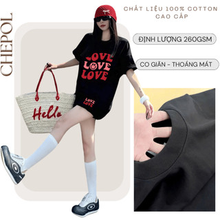 Bộ Thun Nữ Chepol Form Rộng, In Love, Cổ Tròn, Phối Quần Đùi, Chất Cotton Cao Cấp ( Áo Thun Đen + Quần Đùi Đen )CP_x7356