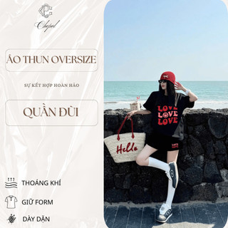 Bộ Thun Nữ Chepol Form Rộng, In Love, Cổ Tròn, Phối Quần Đùi, Chất Cotton Cao Cấp ( Áo Thun Đen + Quần Đùi Đen )CP_x7356