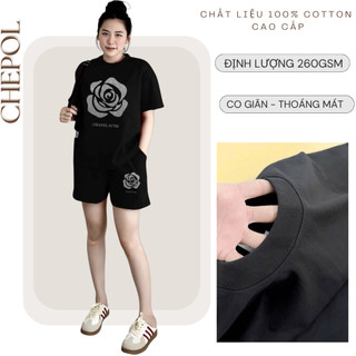 Bộ Thun Nữ Chepol Form Rộng, In Trái Tim, Cổ Tròn, Phối Quần Đùi, Chất Cotton Cao Cấp ( Áo Thun Đen + Quần Đùi )CP_x5391