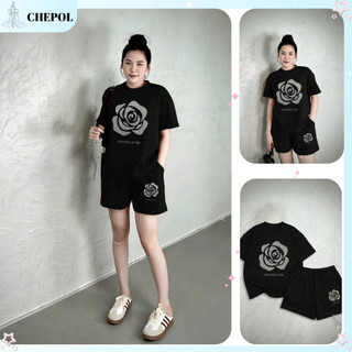 Bộ Thun Nữ Chepol Form Rộng, In Trái Tim, Cổ Tròn, Phối Quần Đùi, Chất Cotton Cao Cấp ( Áo Thun Đen + Quần Đùi )CP_x5391