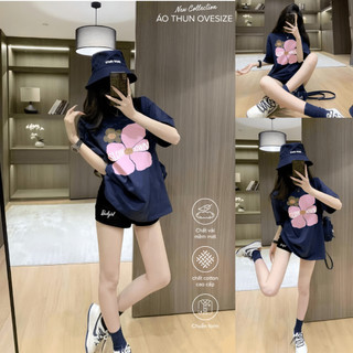 Set Bộ Áo Thun Nữ CHEPOL Form Rộng, Cổ Tròn, Phối Quần Đùi, In Hoa, Chất Cotton (Áo Phông Xanh Than + Quần Đùi)-CP_x8433