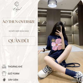 Set Bộ Áo Thun Nữ CHEPOL Form Rộng, Cổ Tròn, Phối Quần Đùi, In Hoa, Chất Cotton (Áo Phông Xanh Than + Quần Đùi)-CP_x8433