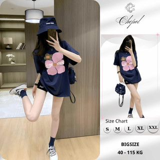 Set Bộ Áo Thun Nữ CHEPOL Form Rộng, Cổ Tròn, Phối Quần Đùi, In Hoa, Chất Cotton (Áo Phông Xanh Than + Quần Đùi)-CP_x8433