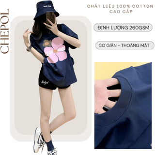 Set Bộ Áo Thun Nữ CHEPOL Form Rộng, Cổ Tròn, Phối Quần Đùi, In Hoa, Chất Cotton (Áo Phông Xanh Than + Quần Đùi)-CP_x8433