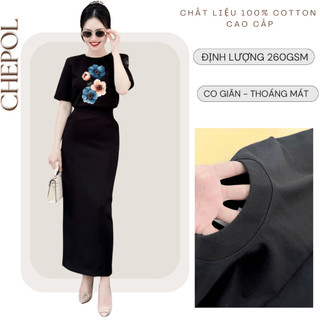 Bộ Thun Nữ Chepol Cao Cấp Form Rộng, In Trái Tim, Cổ Tròn, Phối Chân Váy Dài, Chất Cotton (Áo Thun Đen+CV Suông)CP_x8809