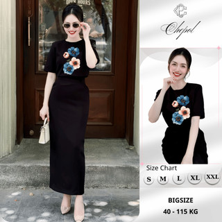 Bộ Thun Nữ Chepol Cao Cấp Form Rộng, In Trái Tim, Cổ Tròn, Phối Chân Váy Dài, Chất Cotton (Áo Thun Đen+CV Suông)CP_x8809